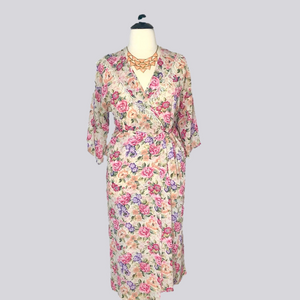 Vintage 80s 90s Floral Roses Chiffon Wrap Dress M L